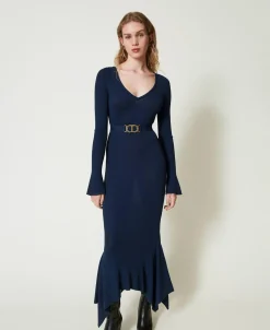 Abito Longuette In Maglia Con Cintura E Volant