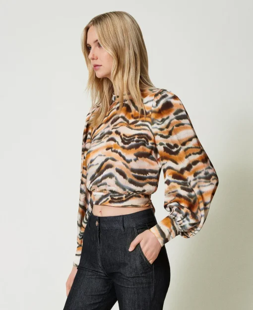 Blusa Cropped In Raso Animalier
