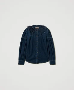 Camicia In Jeans Con Piume