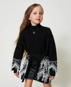 Cappotto In Maglia Misto Lana Con Frange