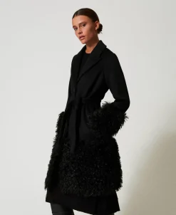 Cappotto In Panno Di Misto Lana E Faux Fur