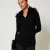Cardigan In Misto Lana E Faux Fur