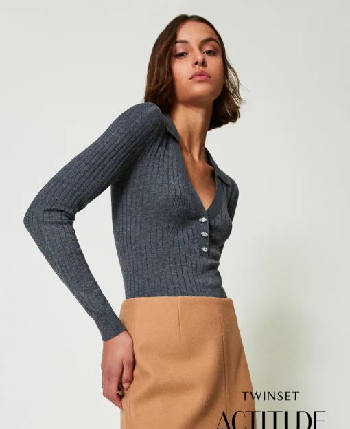 Maglia A Coste Con Ricamo