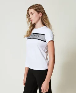 T-shirt Con Balza In Tulle E Ricamo Logo